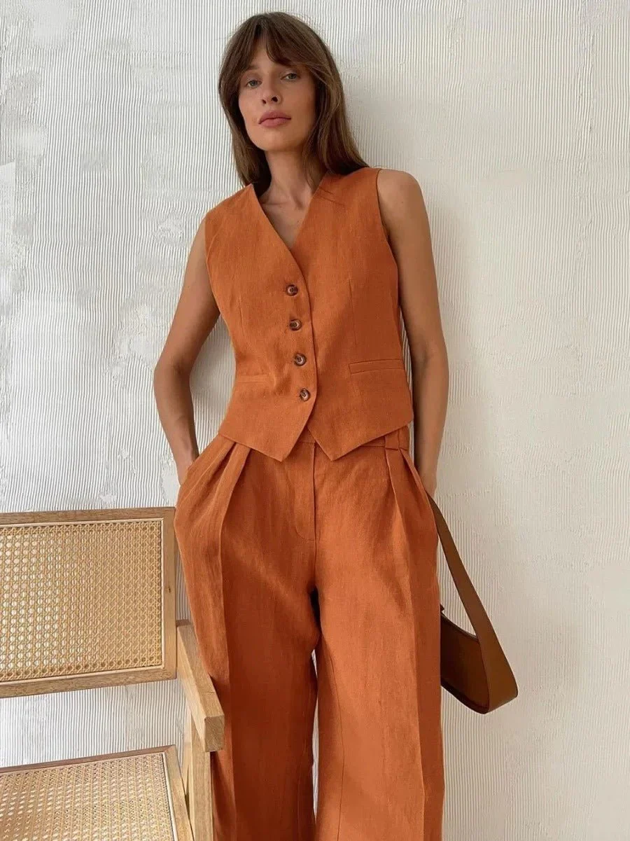 Freya Linen Set Women – Summer Coordinated with Sleeveless Vest & Wide Pants in Natural Style - Image 5