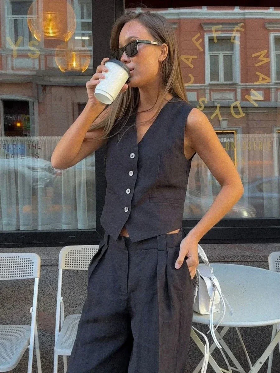 Freya Linen Set Women – Summer Coordinated with Sleeveless Vest & Wide Pants in Natural Style - Image 6