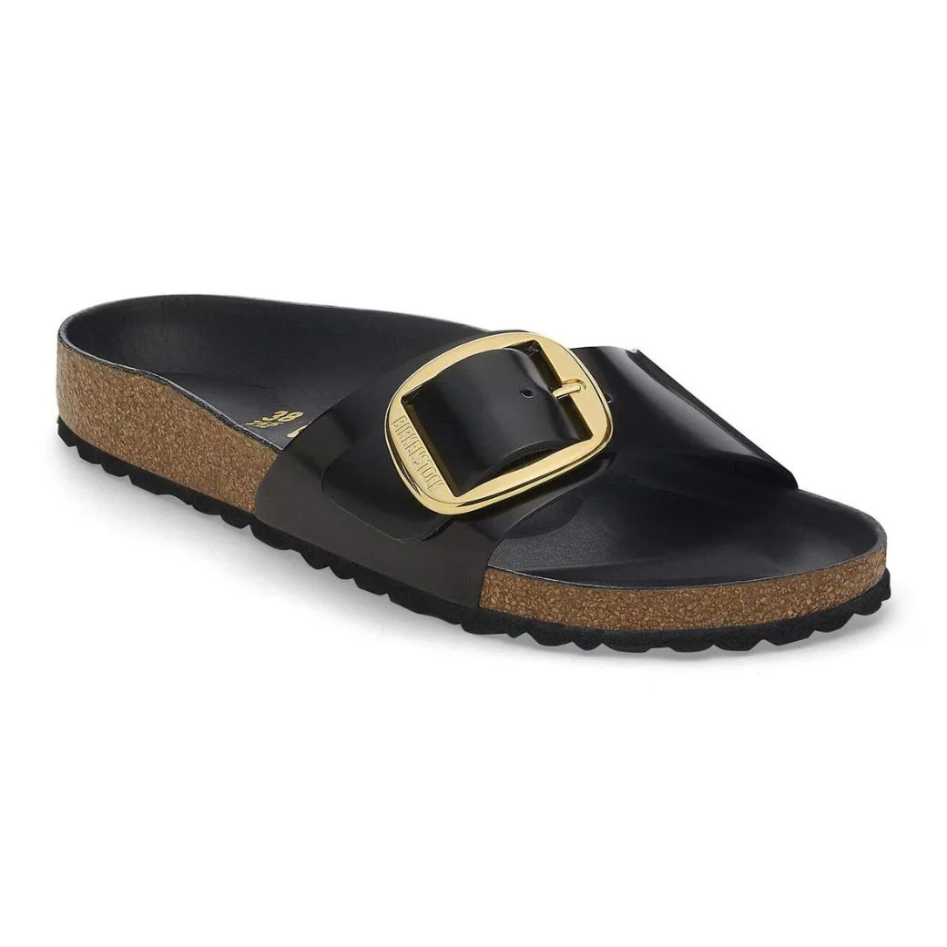 Madrid Big Buckle Damen Sandale aus Lackleder | Edle Designer Pantolette mit Korkfußbett